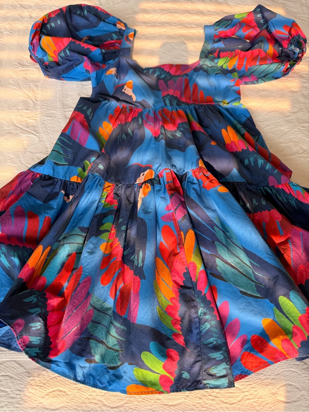 Farm Rio XS Rainbow Macaw Mini Dress Babydoll Smocked Back Puff Sleeve Cotton - Picture 11 of 12